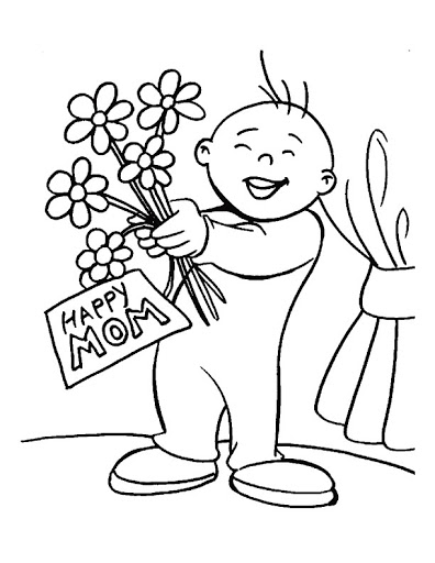 Online coloring book: Coloring page little boy in pajamas with flowers for mom